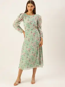 MELOSO Floral Print Flared Sleeve Georgette Kaftan Dress