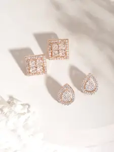 Rubans Set of 2 Rose Gold Plated American Diamond Studded Stud Earrings