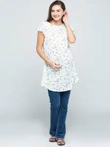 CHARISMOMIC Floral Print Cotton Round Neck Extended Sleeves Maternity A-Line Top