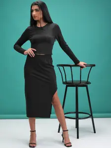 Tokyo Talkies Black Long Sleeves crop Top & Skirt Co-Ord