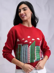 Tokyo Talkies Red Geometric Printed Acrylic Pullover Sweater