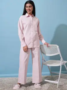 Tokyo Talkies Striped Cotton Overshirt & Trousers Night suit