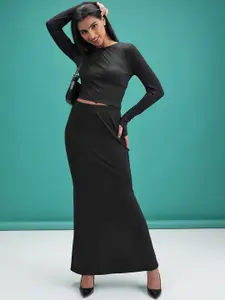 Tokyo Talkies Black Ribbed Boat Neck Top With Skirt Co-Ords