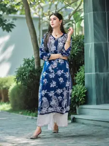 GoSriKi Floral Chikankari Embroidered Notched Neck Straight Kurta