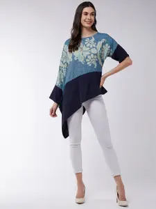 Zima Leto Floral Printed Extended Sleeves Crepe Longline Asymmetric Top