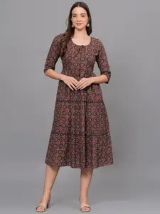 JAHIDA COMFORT WITH STYLE Ethnic Motifs Printed Tiered Pure Cotton Fit & Flare Dress