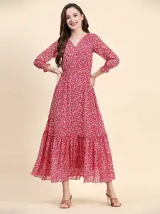 BAESD Floral Print V-Neck Georgette Tiered Maxi Dress