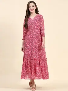 BAESD Floral Printed Gathered Detailed Puff Sleeves Tiered Fit & Flare Dress