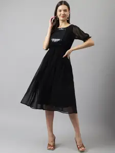 BAESD Puff Sleeves Sequined Georgette Fit & Flare Midi Dress