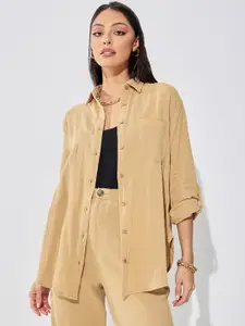 Styli Textured Spread Collar Long Roll Up Sleeves Oversized Casual Shirt