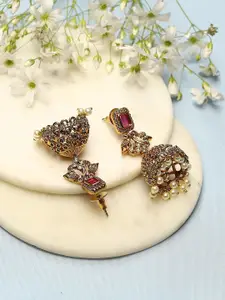 Biba Gold-Plated Artificial Stones Studded Contemporary Jhumkas Earrings
