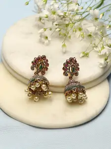 Biba Gold-Plated Artificial Stones Studded Contemporary Jhumkas Earrings