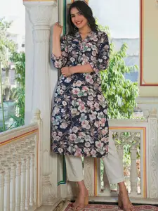 Vbuyz Floral Printed V-Neck Cotton Straight Kurta