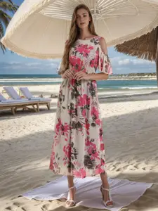 RARE Floral Printed Cold-Shoulder Sleeves Georgette Maxi Dress