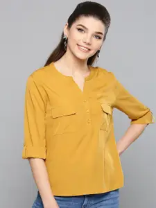Fab Star Mandarin Collar Roll-Up Sleeves Crepe Shirt Style Top