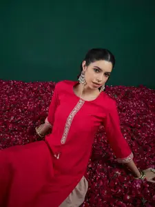 Indo Era Round Neck Ethnic Embroidered Chanderi Silk Straight Kurta