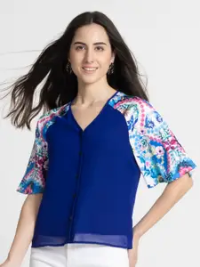 SHAYE Flared Sleeve Georgette Shirt Style Top