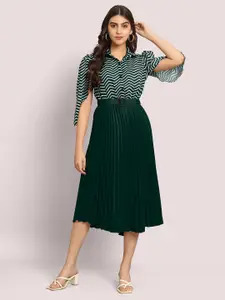 FLOWERVELLY Striped Shirt Collar Georgette Midi A-line Dress
