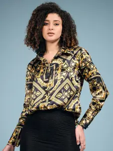 DressBerry Black & Yellow Classic Graphic Printed Satin Casual Shirt