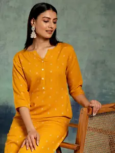 Libas Mustard Yellow Geometric Woven Design Round Notched Neck Dobby Straight Kurta