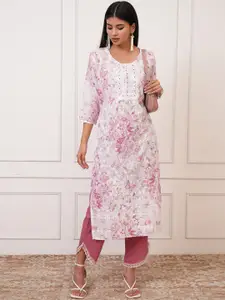 Vishudh Pink Floral Printed Thread Work Cotton Straight Kurta