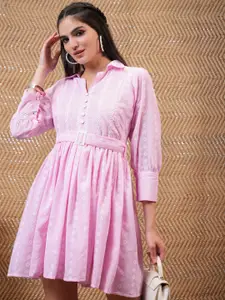Vishudh Pink Floral Embroidered Belted Fit & Flare Dress