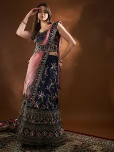 THE52 Embroidered Thread Work Semi-Stitched Lehenga & Unstitched Blouse With Dupatta