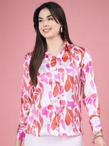 DressBerry Pink & White Relaxed Abstract Printed Satin Casual Shirt