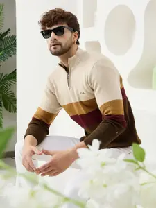 KVETOO Colourblocked Turtle Neck Acrylic Half Zipper Pullover Sweater