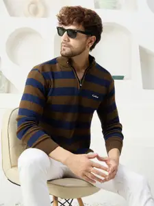 KVETOO Striped Turtle Neck Acrylic Half Zipper Pullover Sweater