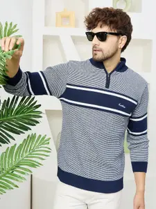 KVETOO Striped Turtle Neck Acrylic Half Zipper Pullover Sweater