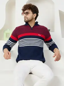 KVETOO Striped Turtle Neck Half Zipper Acrylic Pullover Sweater