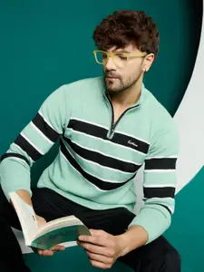 KVETOO Striped Turtle Neck Half Zipper Acrylic Pullover Sweater