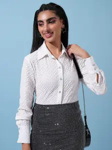 Tokyo Talkies White Spread Collar Striped Casual Shirt