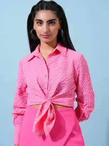 Tokyo Talkies Embellished Checks Textured Spread Collar Long Sleeves Casual Shirt