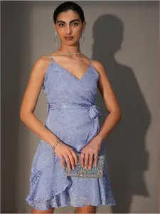 Tokyo Talkies Blue Self Design Shoulder Straps Wrap Dress