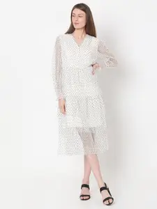 Vero Moda Polka Dots Printed Puff Sleeve Layered Fit & Flare Midi Dress