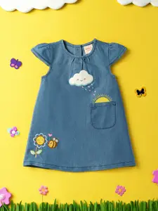 Nauti Nati Infants Applique Short Flutter Sleeves Round Neck Denim A-Line Dress