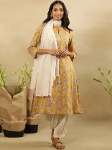 W Floral Printed Key Hole Neck Cotton Kurta