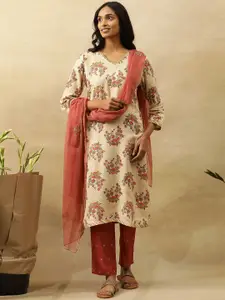 W V-Neck Floral Printed Mirror Work Straight Kurta