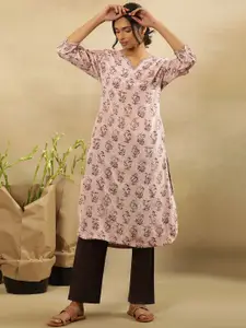 W Floral Printed V-Neck Mirror Work Kurta