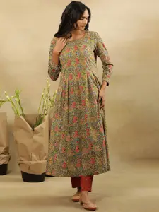 W Floral Printed Flared Sleeves Cotton Panelled A-Line Kurta
