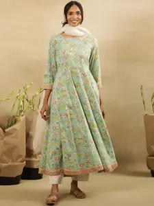 W Floral Printed Sequinned Cotton Panelled A-Line Kurta