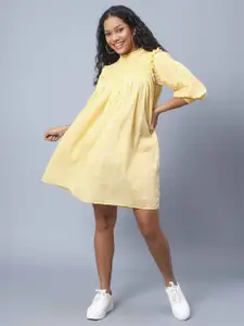 Amagyaa Floral Printed High Neck Gathered Pure Cotton A-Line Dress