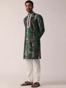 KALKI Fashion Mandarin Collar Long Sleeves Printed Thread Work Kurta