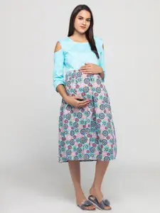 CHARISMOMIC Floral Printed Cold-Shoulder Maternity Fit & Flare Midi Dress