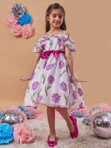 pspeaches Girls Floral Printed Cold-Shoulder Bow Fit & Flare Midi Dress