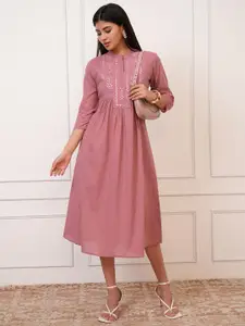 Vishudh Pink Self Design Embellished Mandarin Collar Cotton Fit & Flare Midi Ethnic Dress