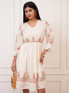 Vishudh White Floral Embroidered Puff Sleeve Fit & Flare Dress