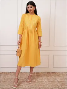 Vishudh Yellow Ethnic Motifs Embroidered A-Line Midi Ethnic Dress